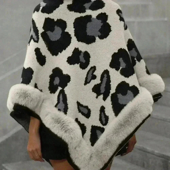 White Casual Women's Leopard Patchwork Fuzzy Edge Loose Poncho Knit Sweater - Picture 2 of 5